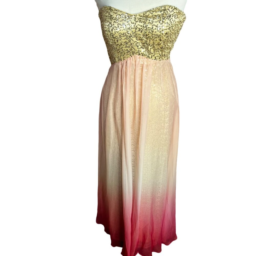 Jump Apparel 9/10 Formal Gold Sequin Pink Ombre Baby Doll Maxi Dress Homecoming - Picture 2 of 16